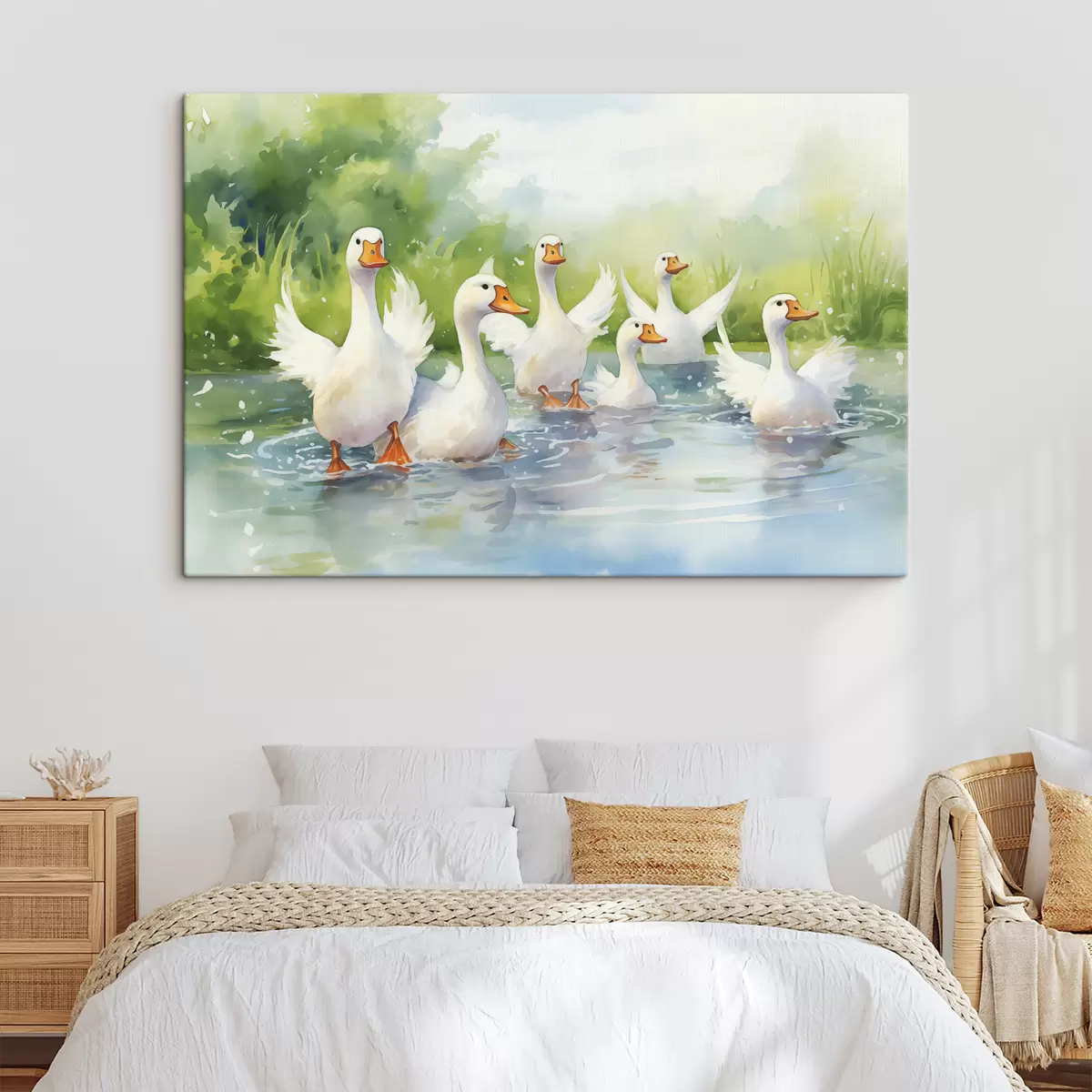 Wandbilder Weiße Gänse baden in einem Teich Aquarellmalerei s39939