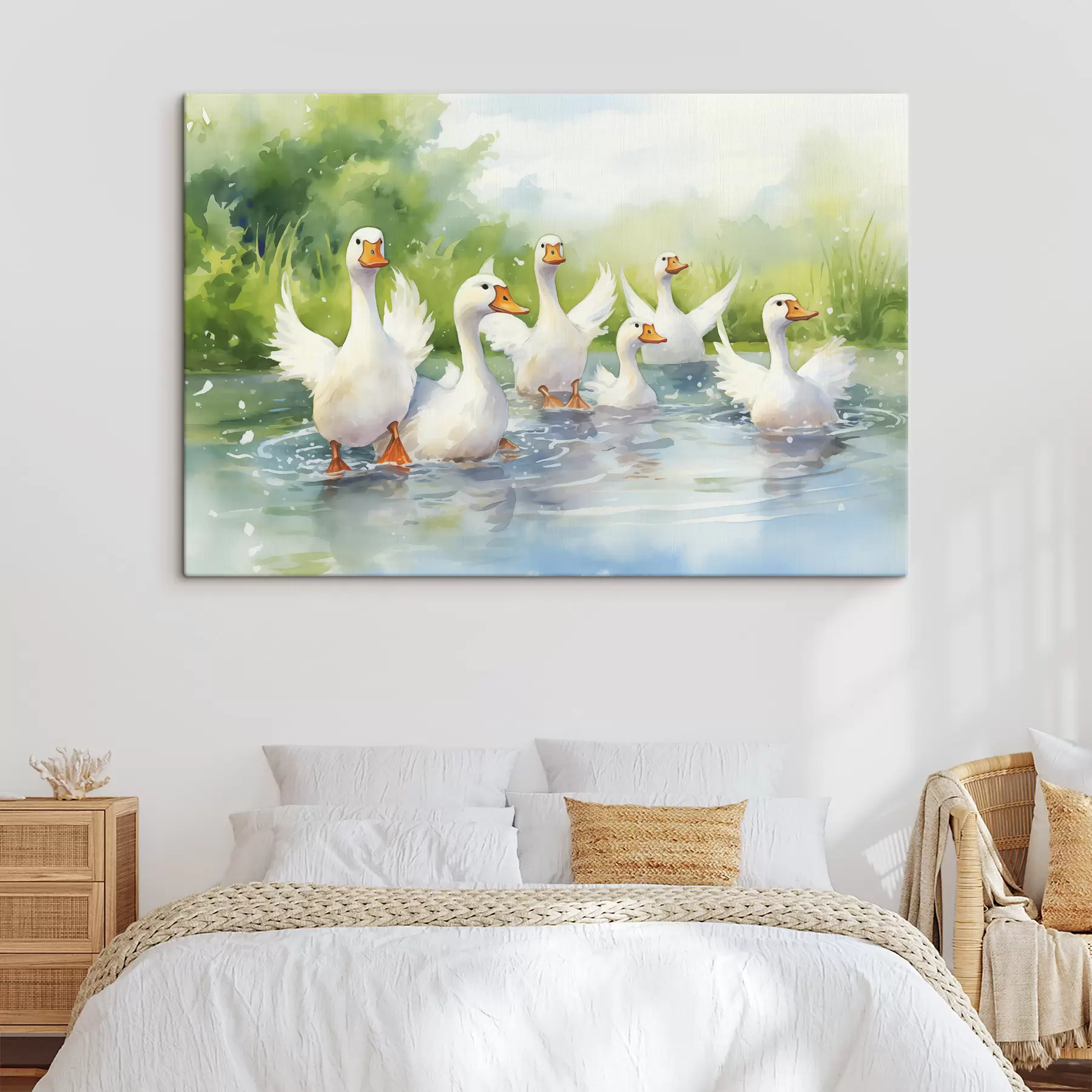 Fototapete Weiße Gänse baden in einem Teich Aquarellmalerei s39939