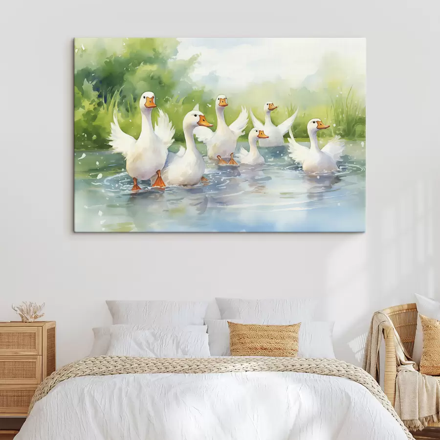 Wandbilder Weiße Gänse baden in einem Teich Aquarellmalerei s39939