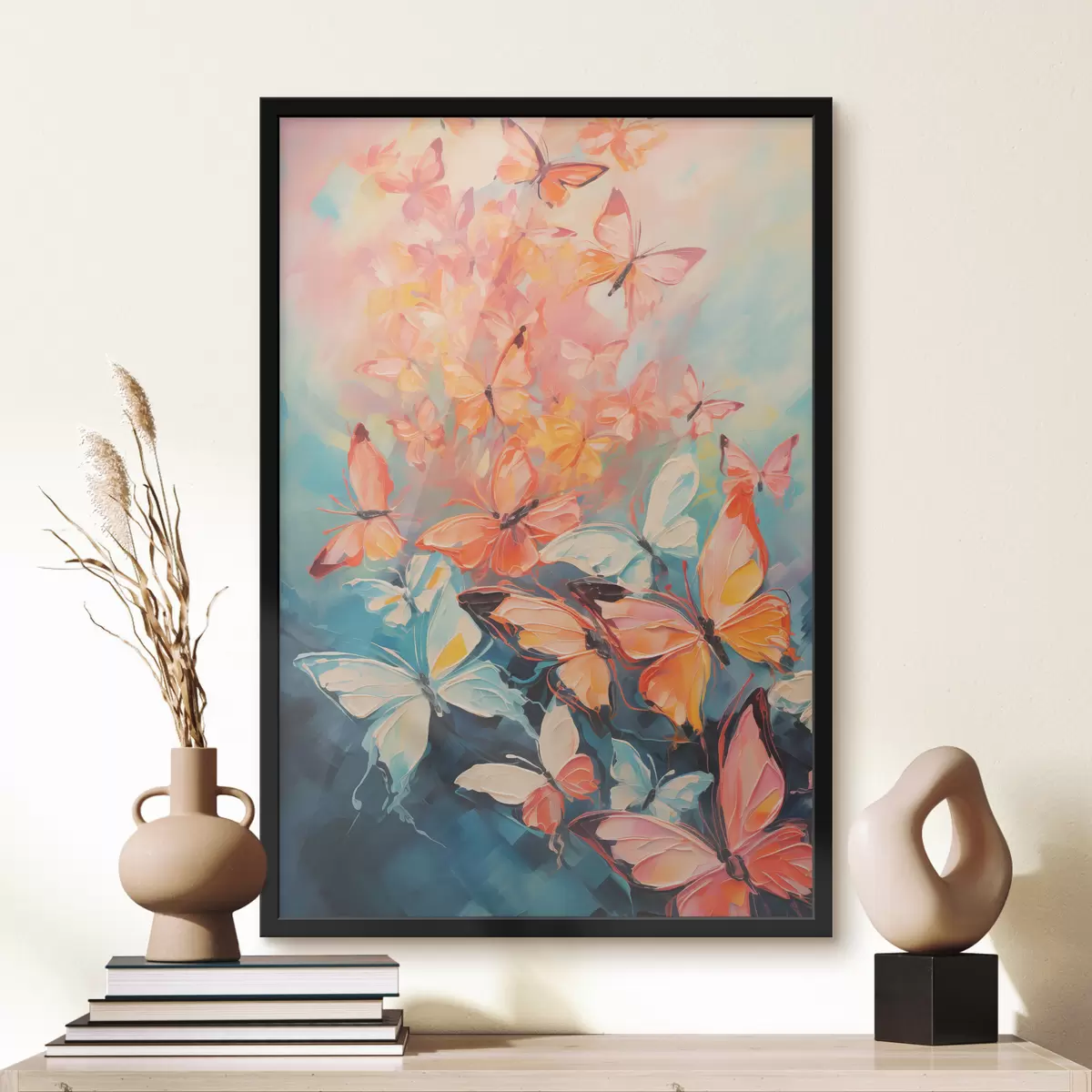 Poster Ein Schwarm Schmetterlinge fliegt auf blauem Ölgemälde f39922