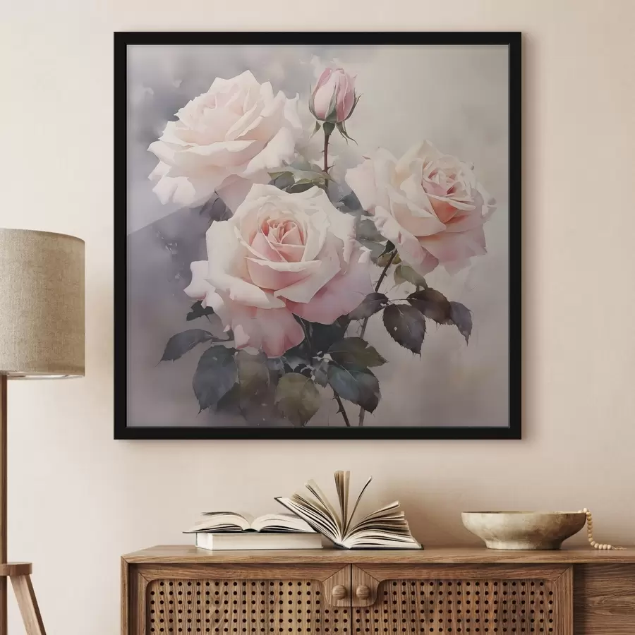 Fototapete Weiße rosa Rosen auf einem dunklen Aquarell Hintergrund f39927
