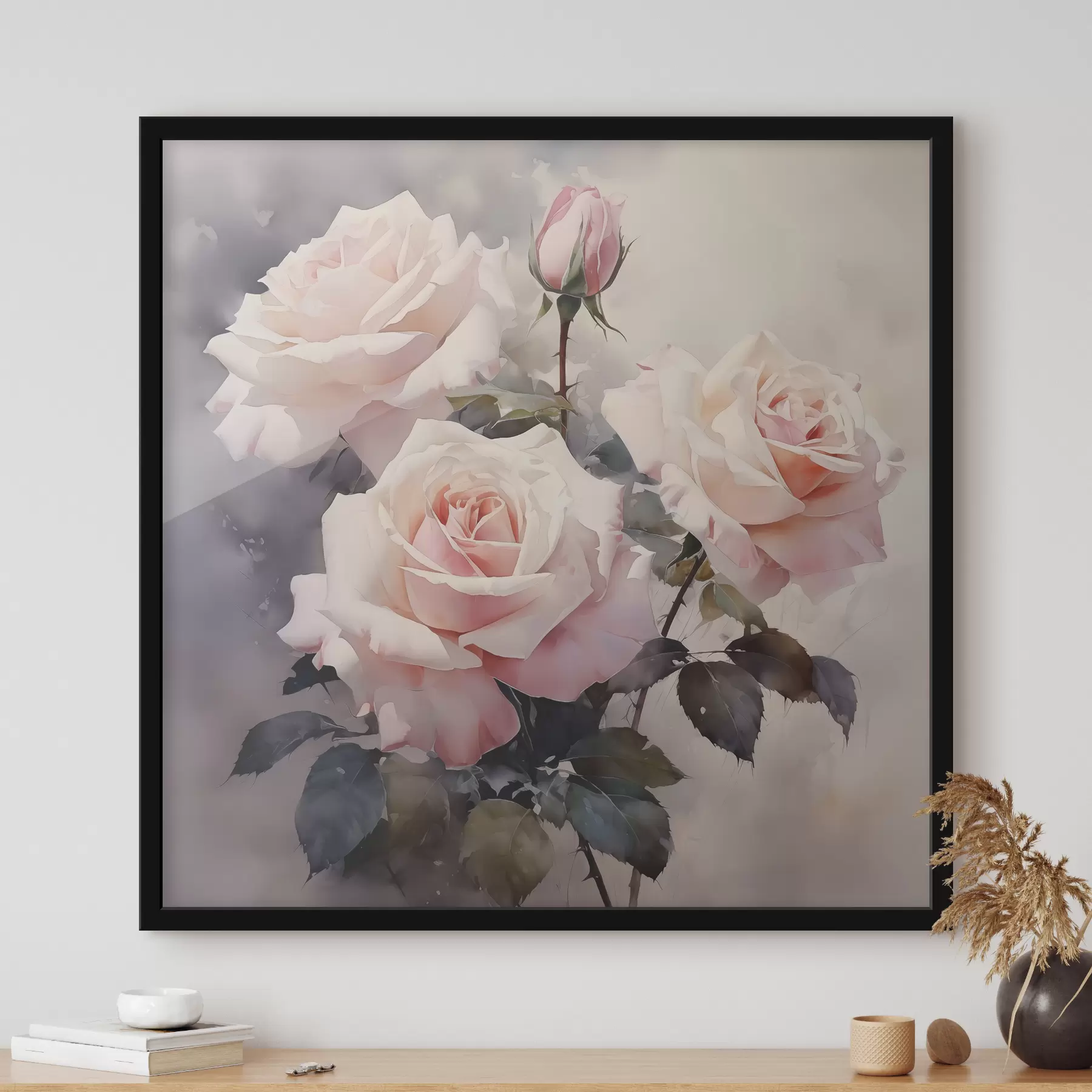 Fototapete Weiße rosa Rosen auf einem dunklen Aquarell Hintergrund f39927