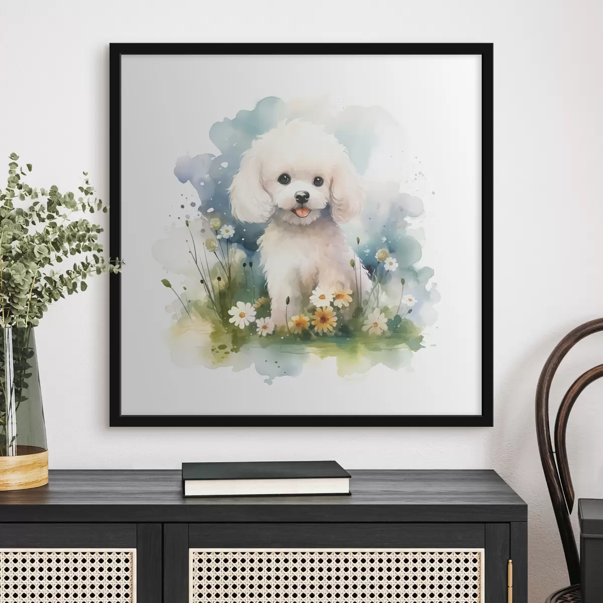 Poster Kleiner weißer Pudel sitzt in einem Aquarell mit Blumen f39928