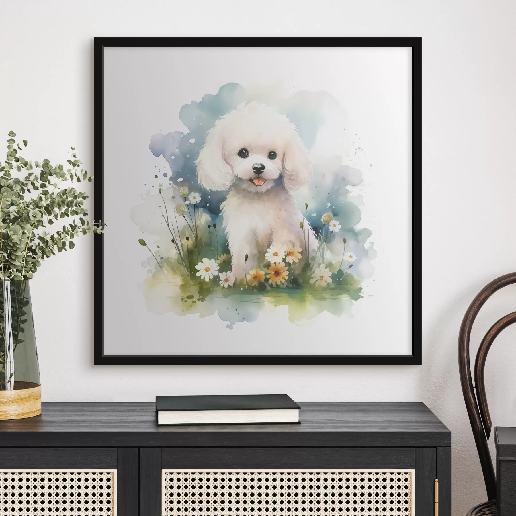 Fototapete Kleiner weißer Pudel sitzt in einem Aquarell mit Blumen f39928