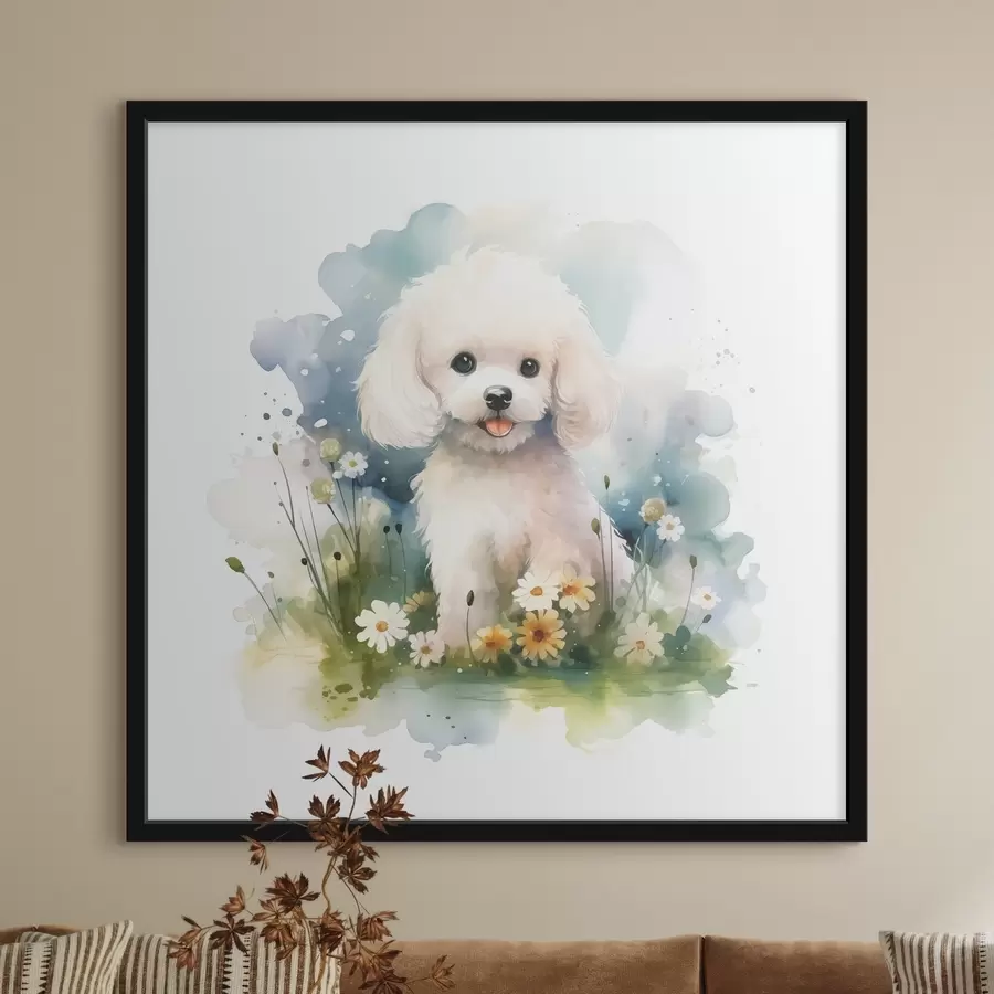 Fototapete Kleiner weißer Pudel sitzt in einem Aquarell mit Blumen f39928