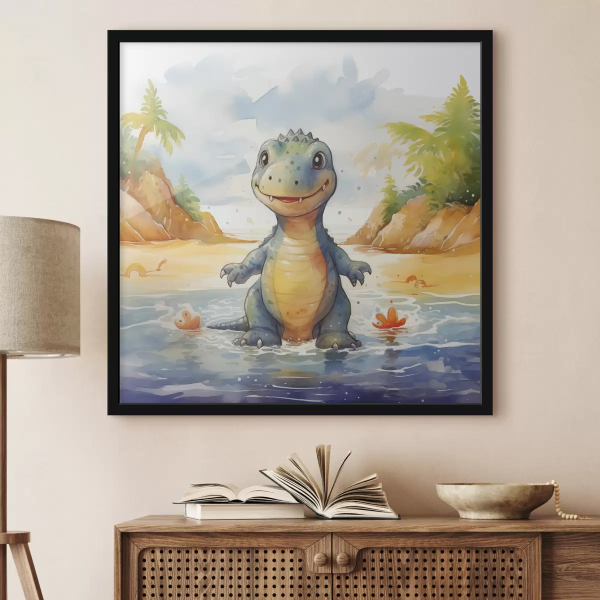 Poster Dinosaurier im Fluss auf dem Hintergrund von Bergen und Aquarellfarnen f39930
