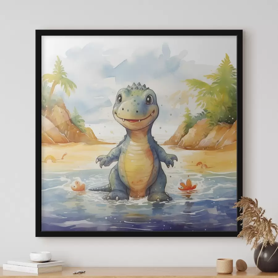 Fototapete Dinosaurier im Fluss auf dem Hintergrund von Bergen und Aquarellfarnen f39930
