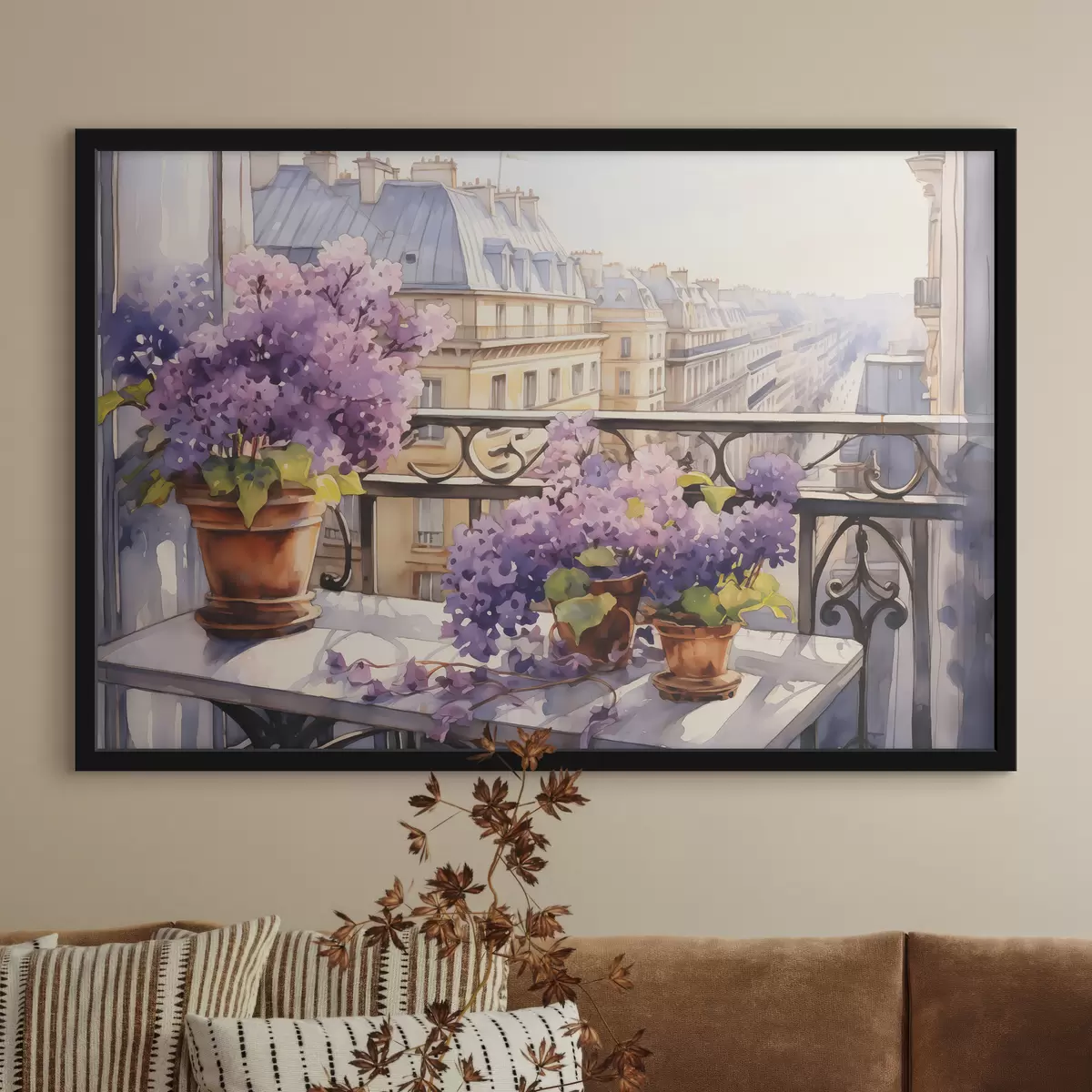 Poster Veilchen in einem Topf auf einem Balkon in Paris Aquarell f39931