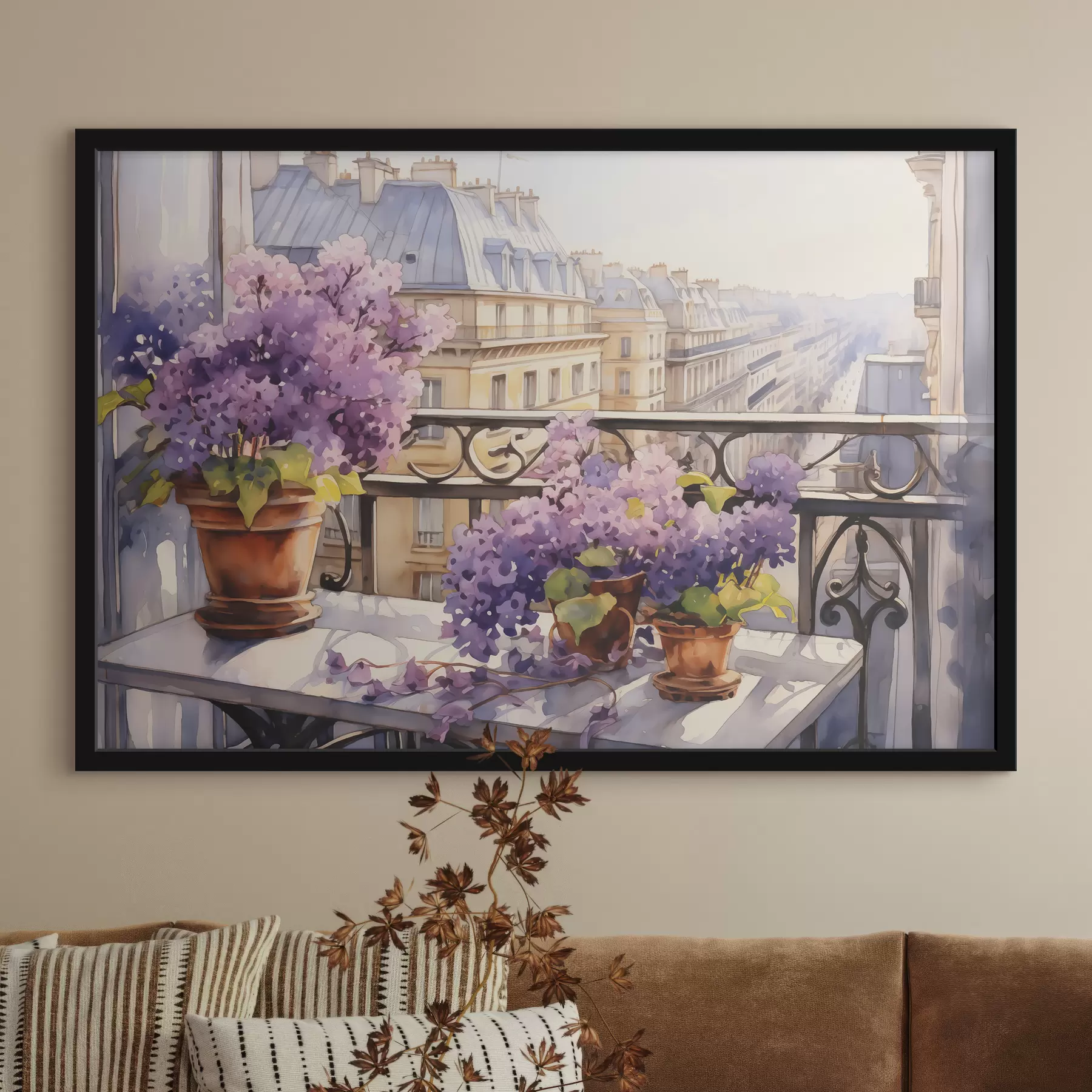 Fototapete Veilchen in einem Topf auf einem Balkon in Paris Aquarell f39931