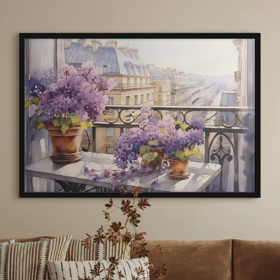 Fototapete Veilchen in einem Topf auf einem Balkon in Paris Aquarell f39931