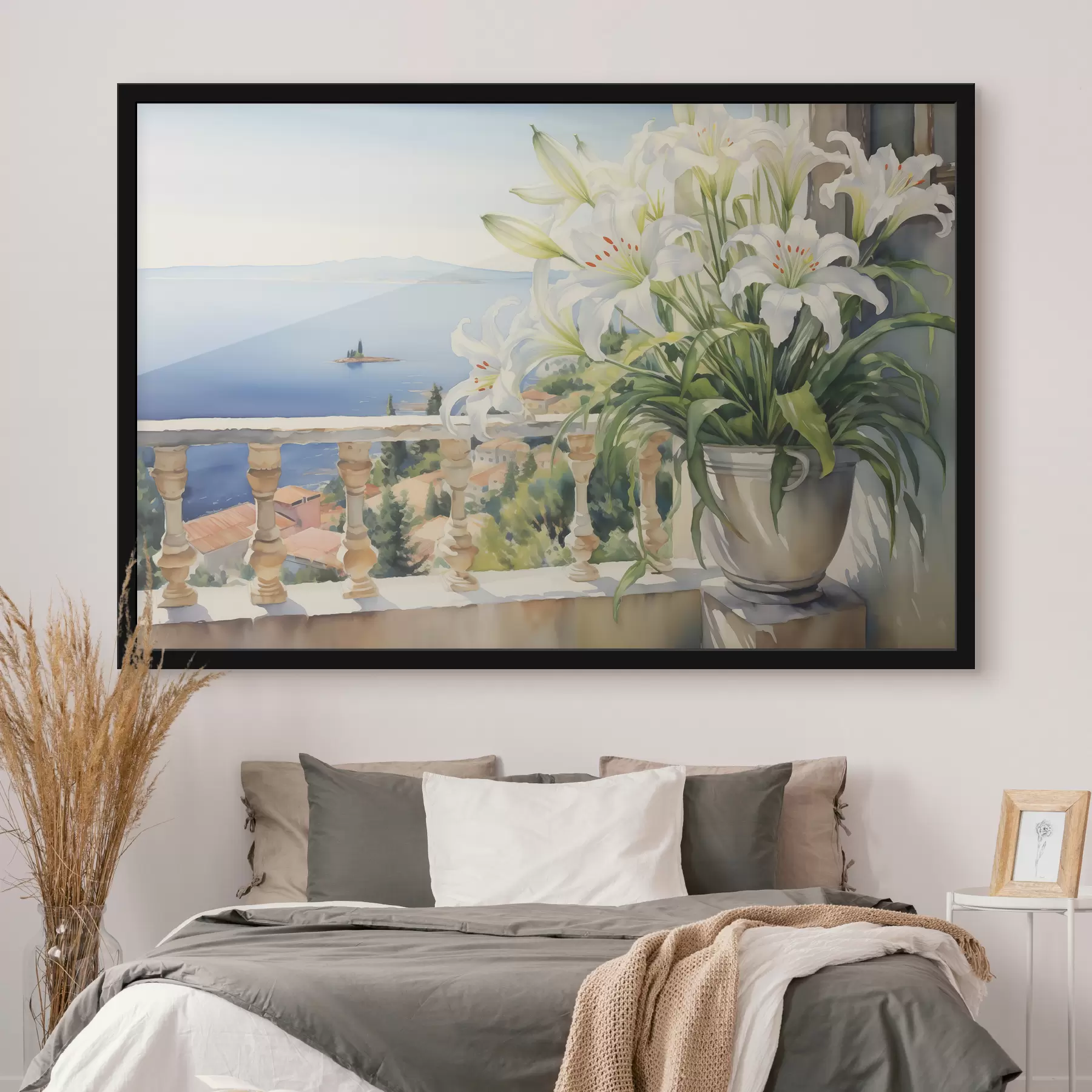 Fototapete Weiße Lilien in einem Topf auf einem Balkon vor dem Hintergrund der Bucht Aquarell f39932