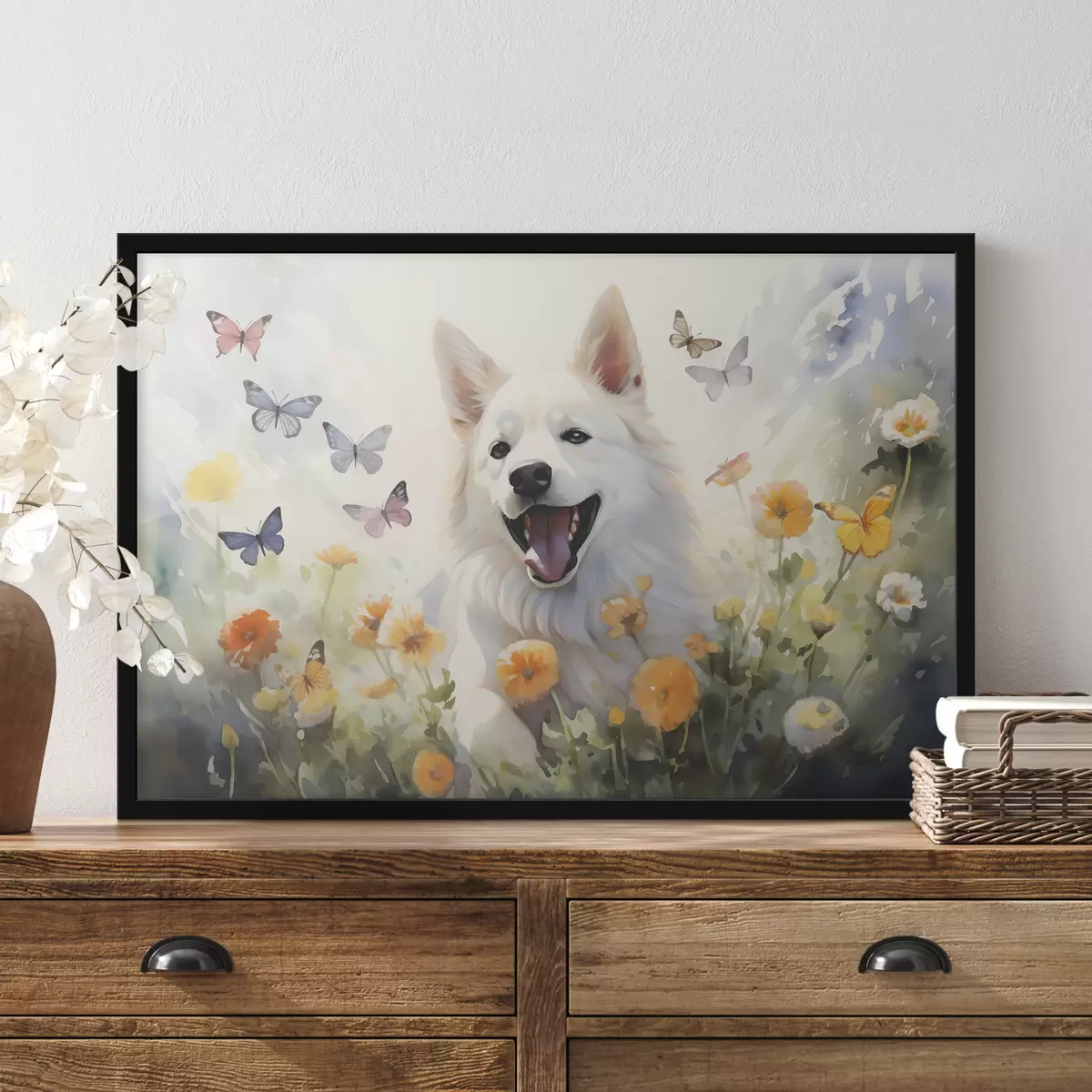 Poster Weißer Hund sitzt in Blumen, Schmetterlinge fliegen Aquarell f39936