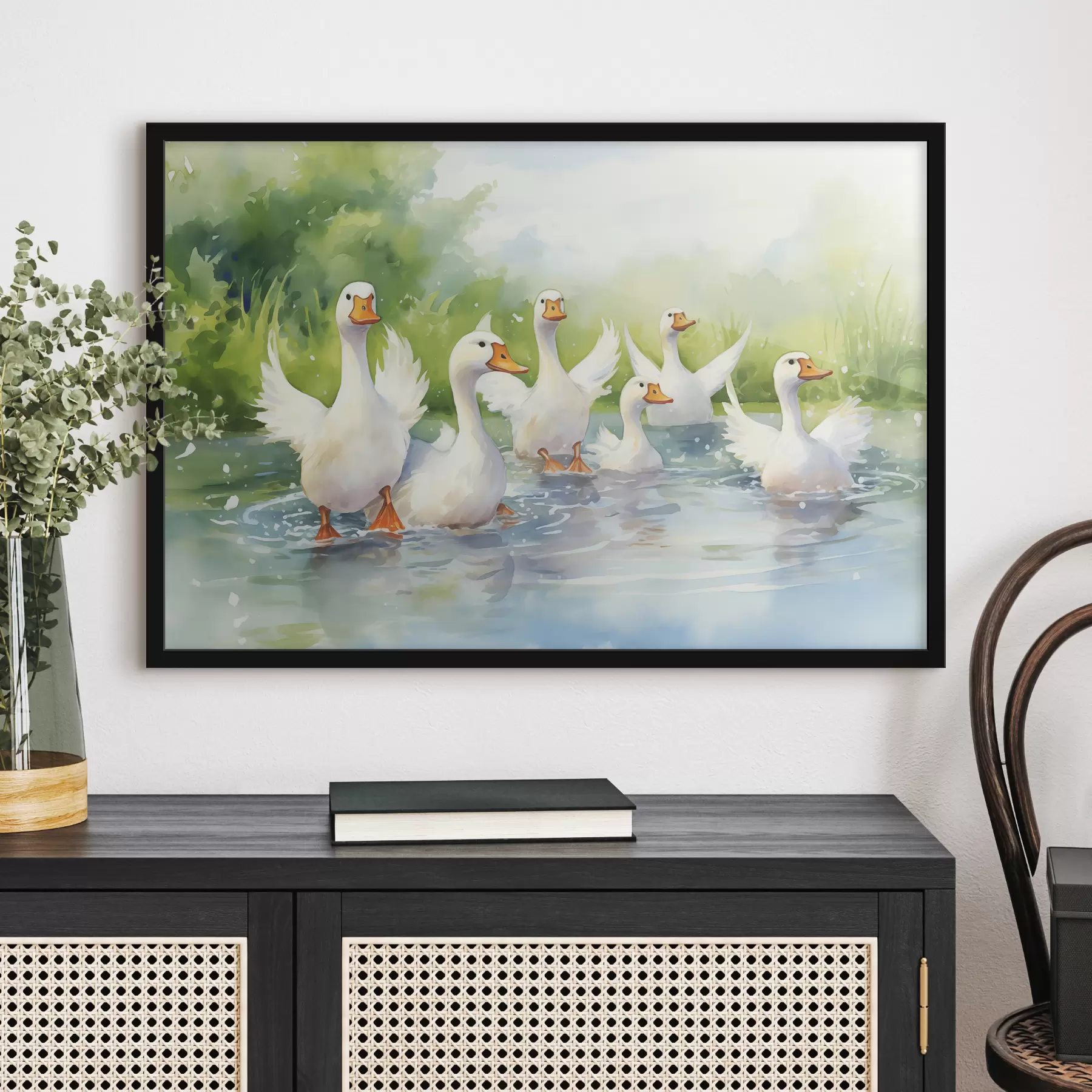 Fototapete Weiße Gänse baden in einem Teich Aquarellmalerei f39939