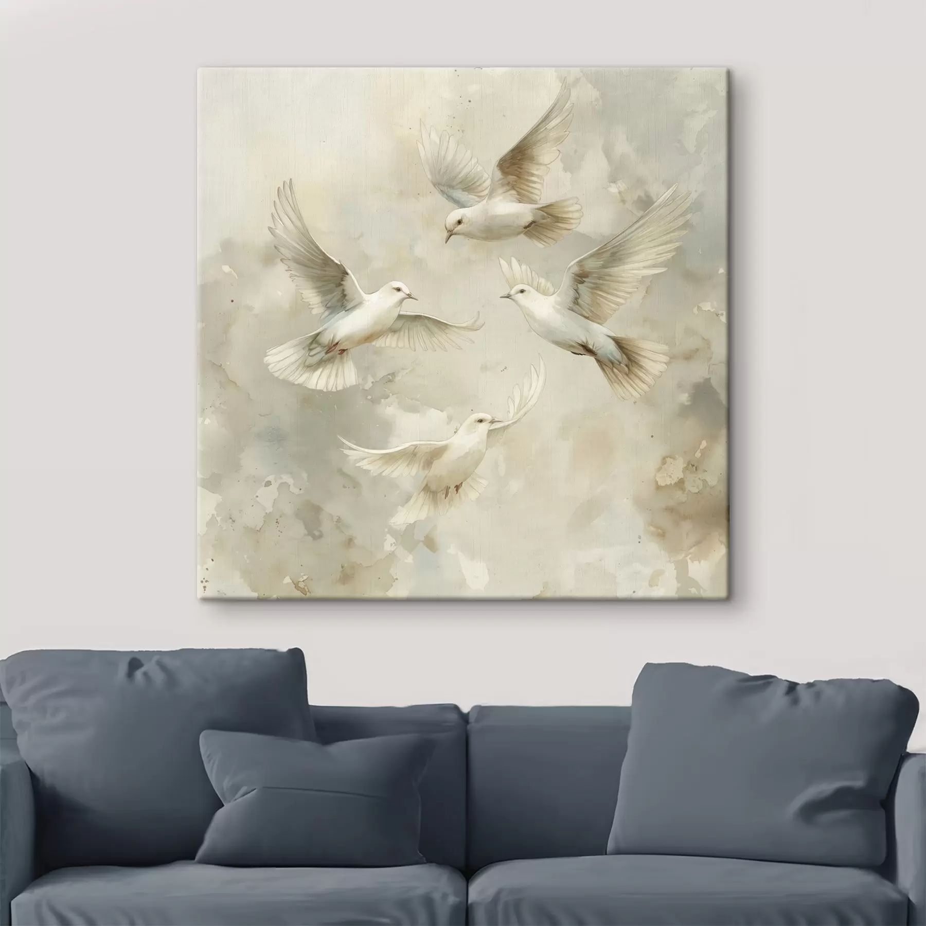 Fototapete Aquarell fliegende Vögel, sanfte Beige- und Weißtöne, Tauben s39976