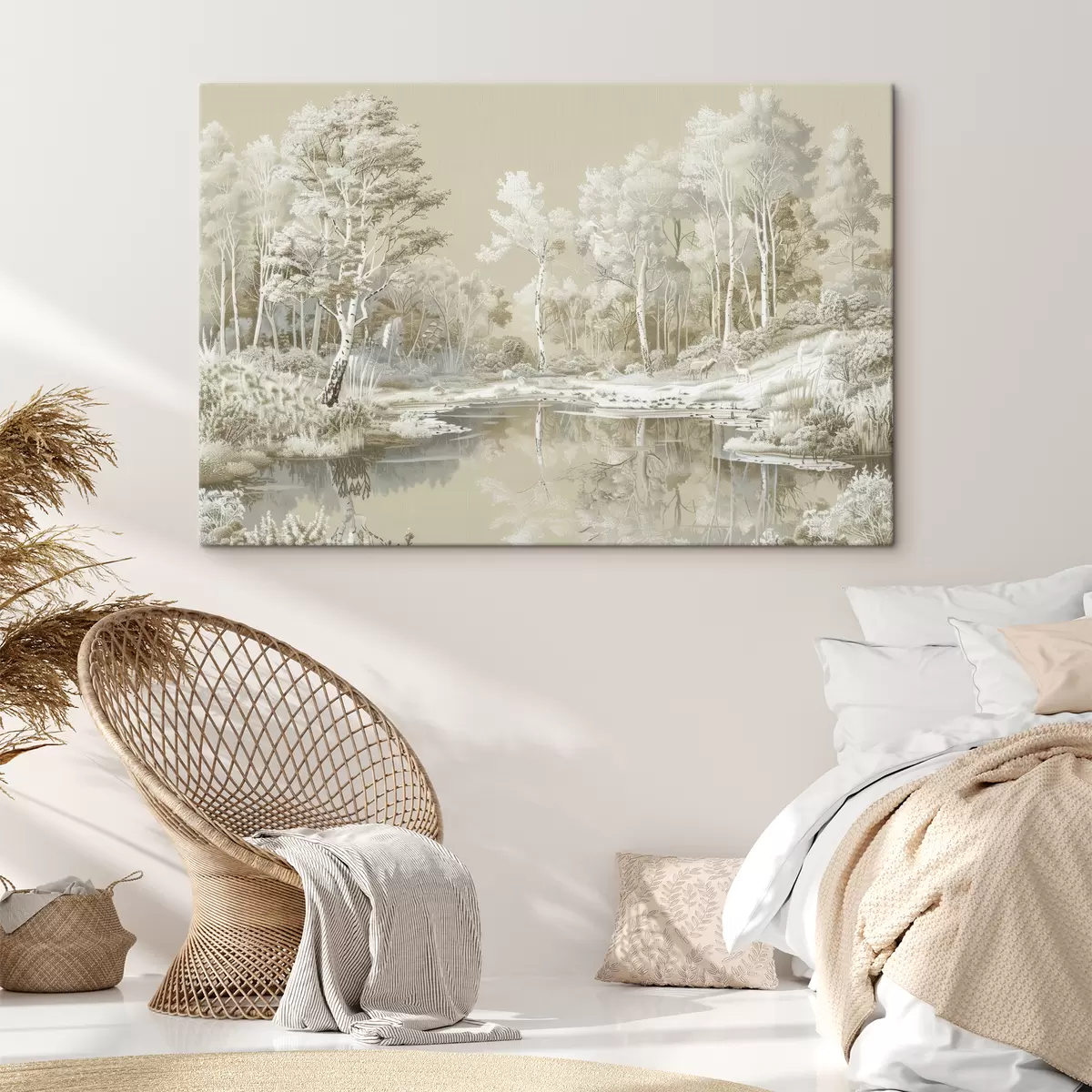 Wandbilder Schöne Waldlandschaft, Teich und Bäume, Beige- und Weißtöne s39979