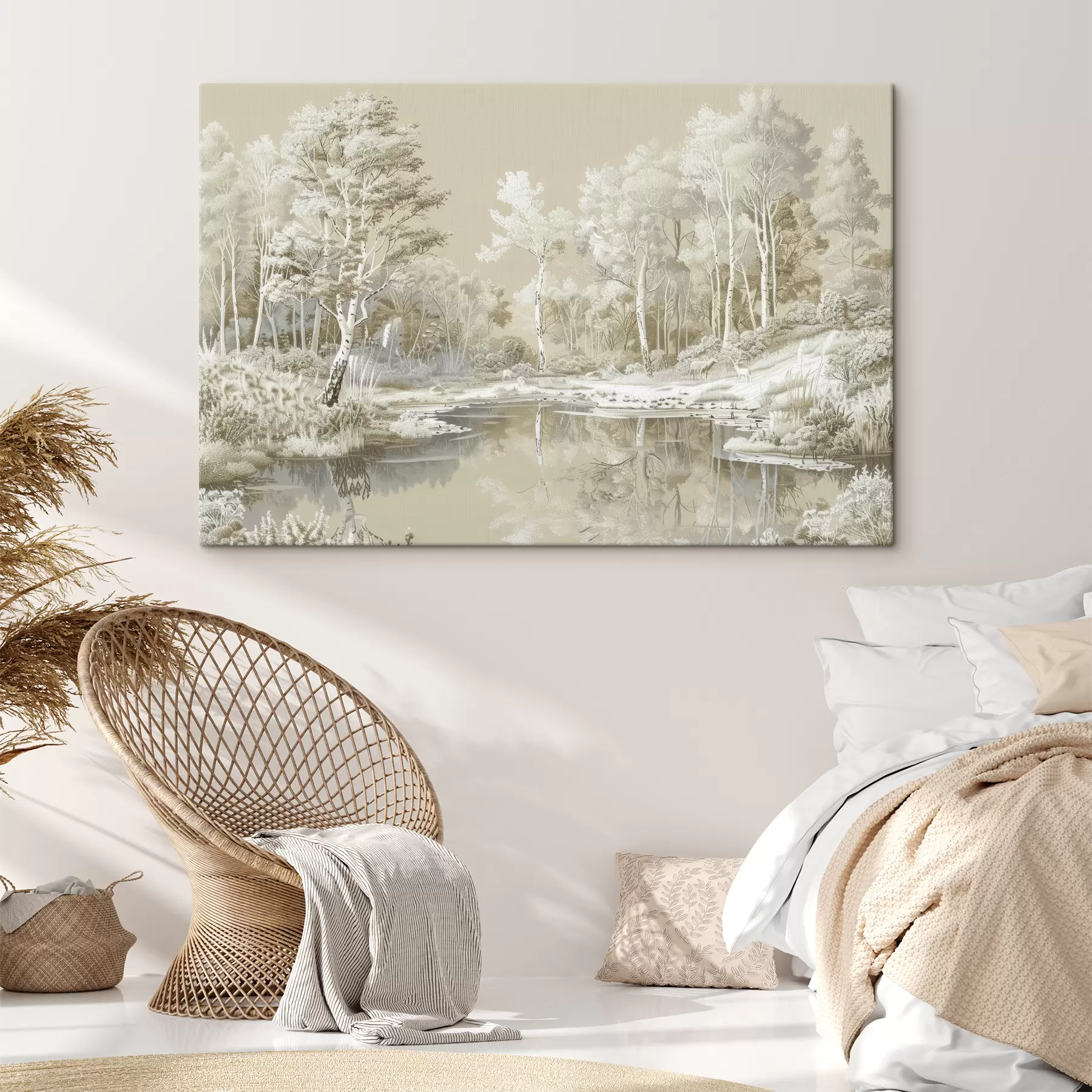 Fototapete Schöne Waldlandschaft, Teich und Bäume, Beige- und Weißtöne s39979