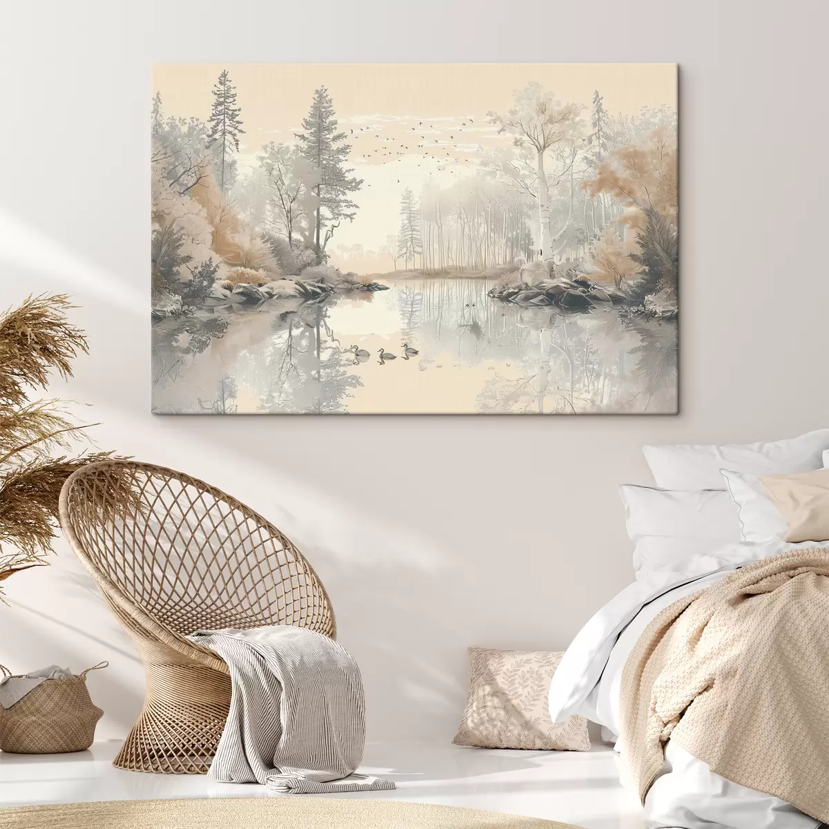 Wandbilder Wunderschöne Naturlandschaft, Teich und Bäume, Tierwelt, sanfte Pastellfarben s39980