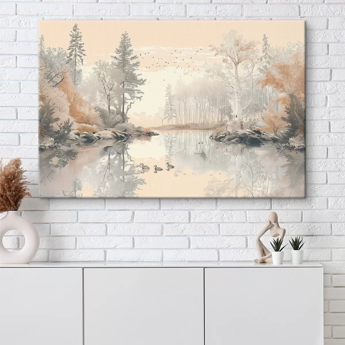 Wandbilder Wunderschöne Naturlandschaft, Teich und Bäume, Tierwelt, sanfte Pastellfarben s39980
