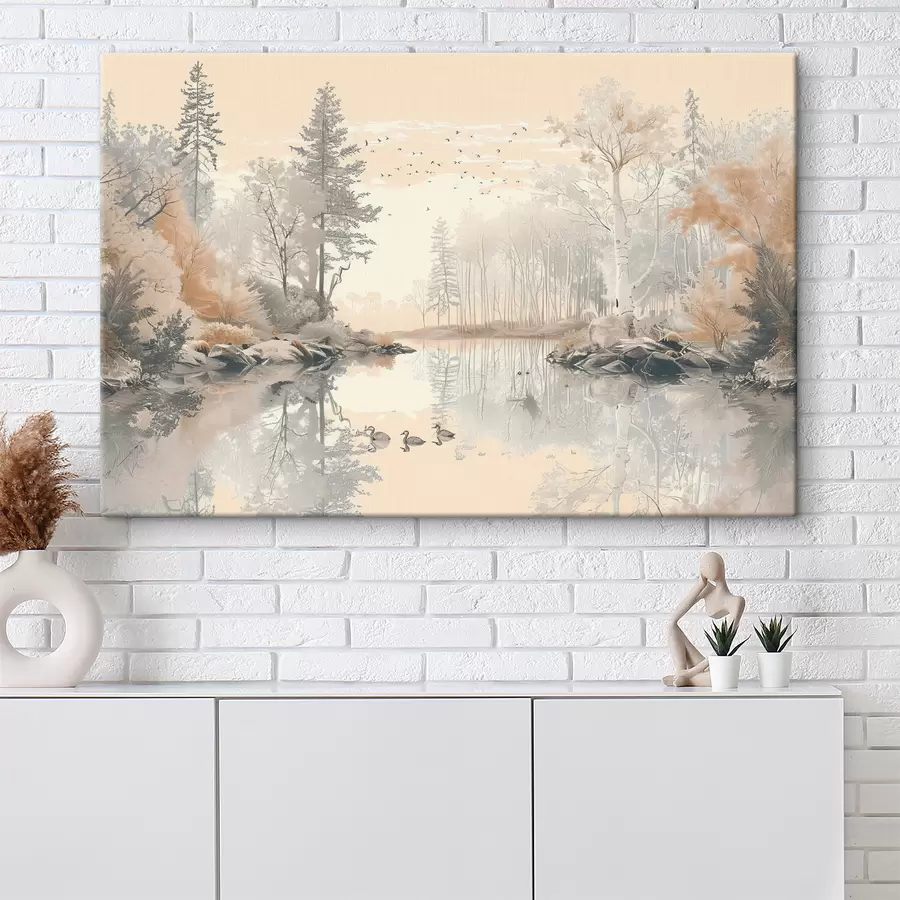 Wandbilder Wunderschöne Naturlandschaft, Teich und Bäume, Tierwelt, sanfte Pastellfarben s39980