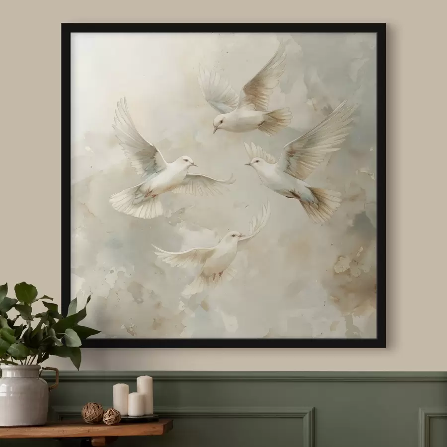 Wandbilder Aquarell fliegende Vögel, zarte beige und weiße Farben, Tauben f39976