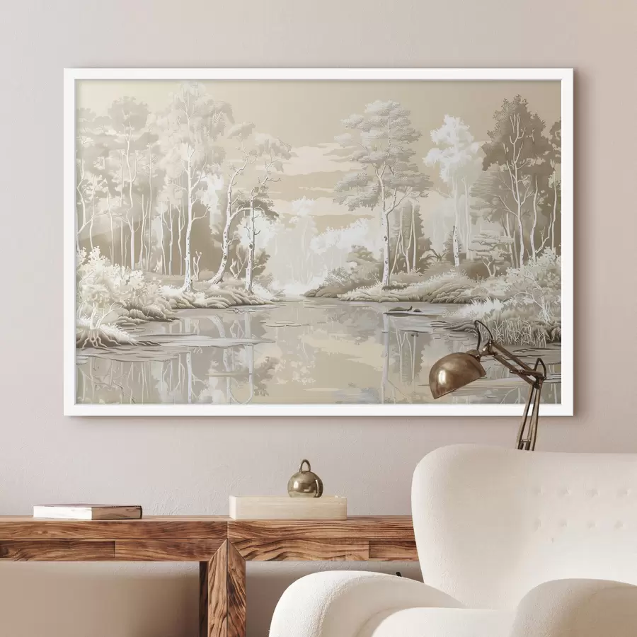 Fototapete Wunderschöne Waldlandschaft, sanfte Pastellfarben, Beige und Weiß f39978