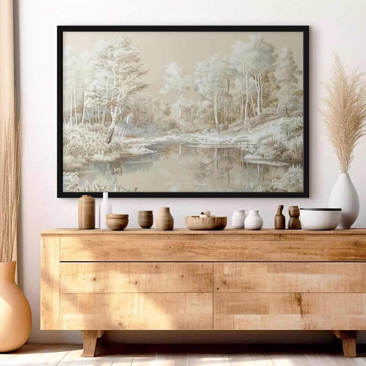 Poster Schöne Waldlandschaft, Teich und Bäume, Beige- und Weißtöne f39979