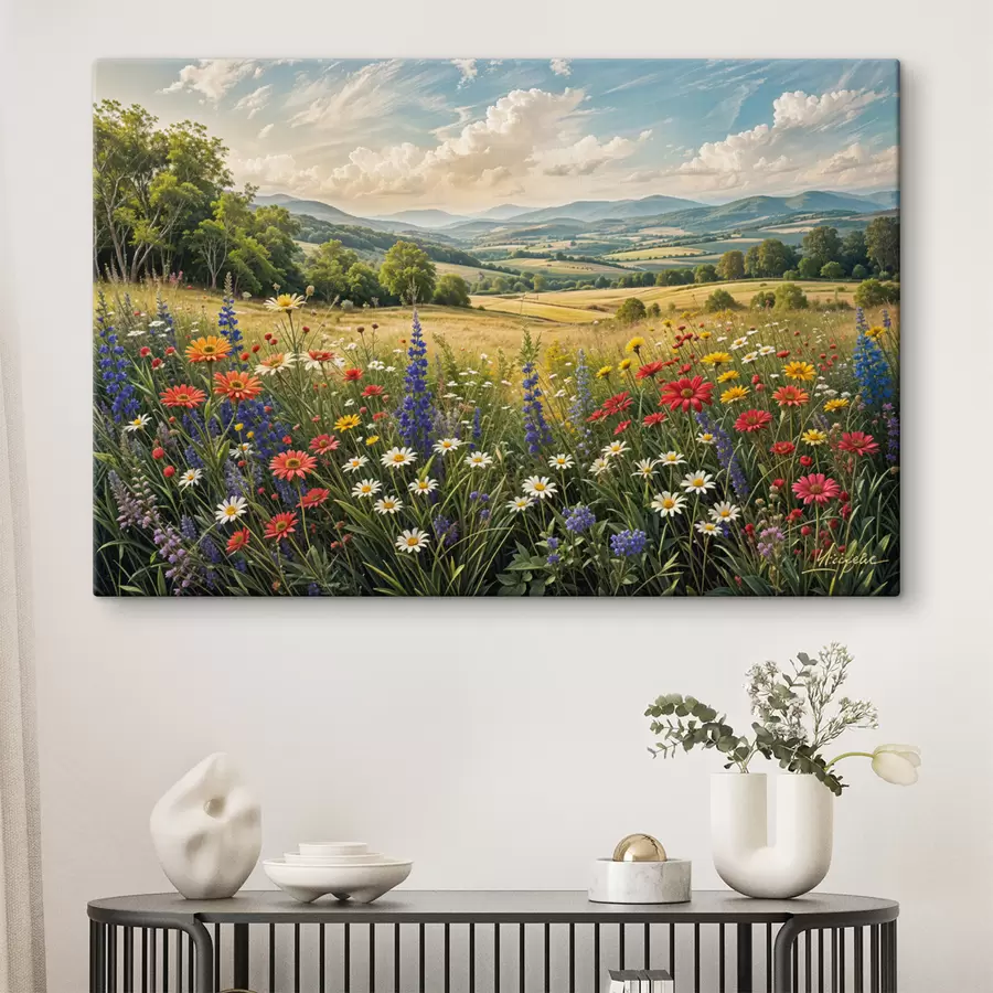 Fototapete Eine üppige Landschaft mit einer lebendigen Wildblumenwiese voller bunter Blumen unter einem bewölkten Himmel s40018