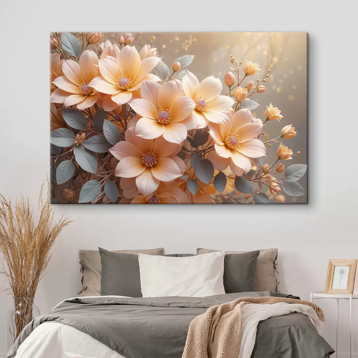 Wandbilder Zarte pfirsichfarbene Dahlienblüten in voller Blüte, mit weichen Blütenblättern vor einem unscharfen Hintergrund s40024