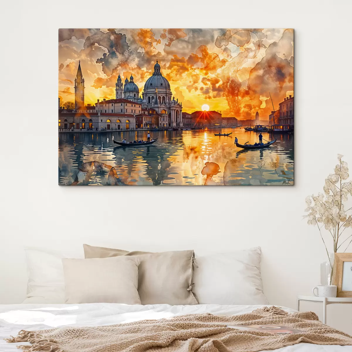 Wandbilder Ein farbenfroher und dramatischer Sonnenuntergang über dem Canale Grande in Venedig, Italien, Aquarellkunst s40027
