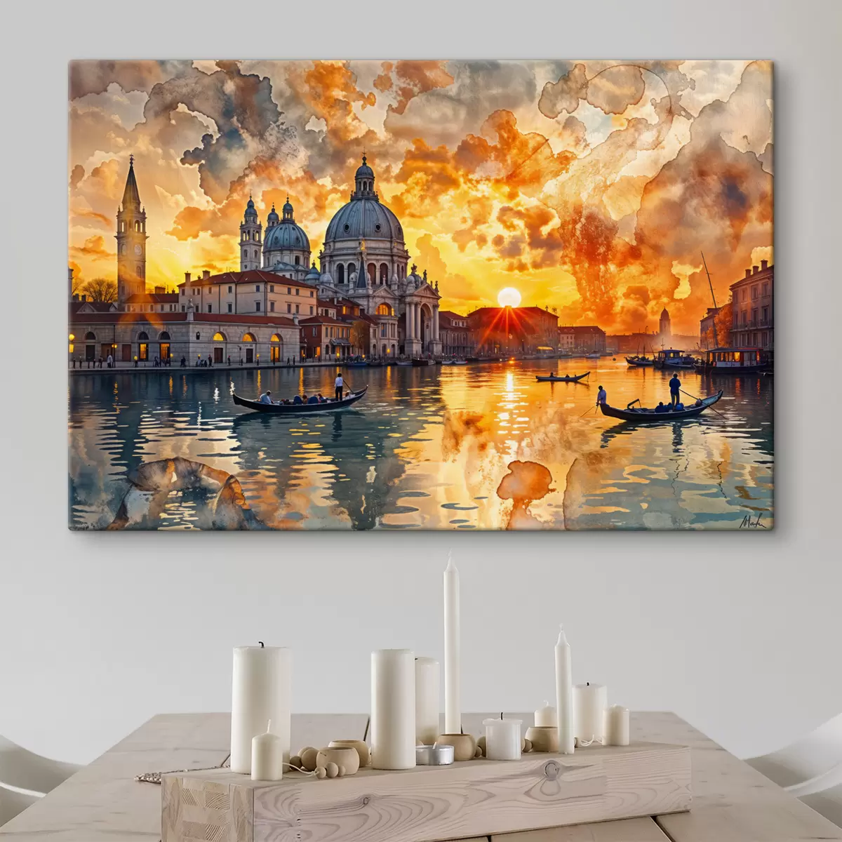 Wandbilder Ein farbenfroher und dramatischer Sonnenuntergang über dem Canale Grande in Venedig, Italien, Aquarellkunst s40027
