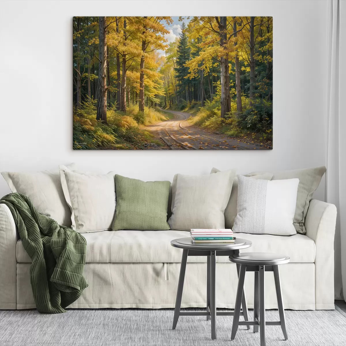 Wandbilder Ein Feldweg, der sich im Herbst durch einen Wald schlängelt, mit hohen Bäumen auf beiden Seiten s40031