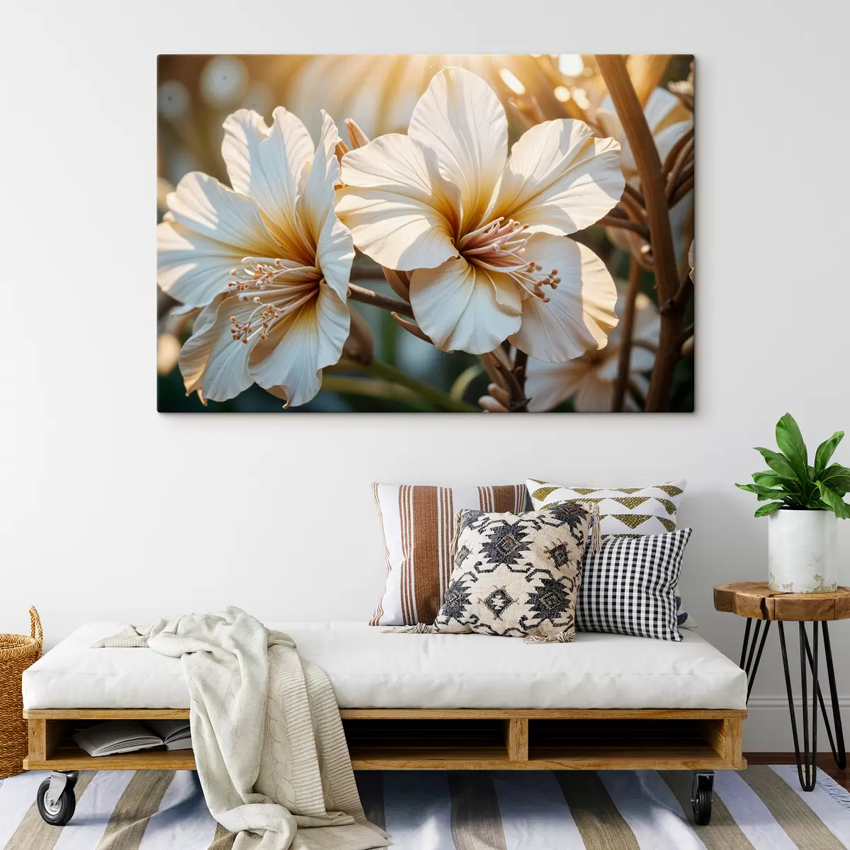 Wandbilder Weiße und orange Hibiskusblüten in voller Blüte, mit Soft-Fokus-Hintergrund s40035