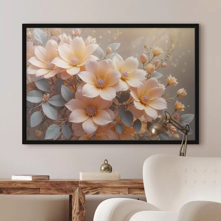 Fototapete Zarte pfirsichfarbene Dahlienblüten in voller Blüte, mit weichen Blütenblättern vor einem unscharfen Hintergrund f40024