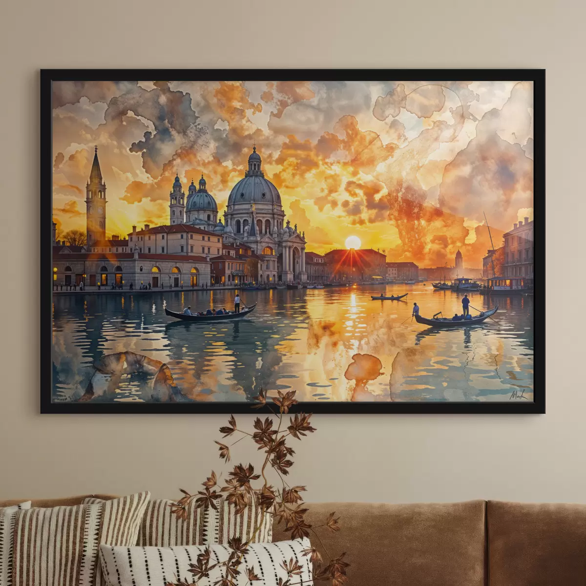 Poster Ein farbenfroher und dramatischer Sonnenuntergang über dem Canale Grande in Venedig, Italien, Aquarellkunst f40027