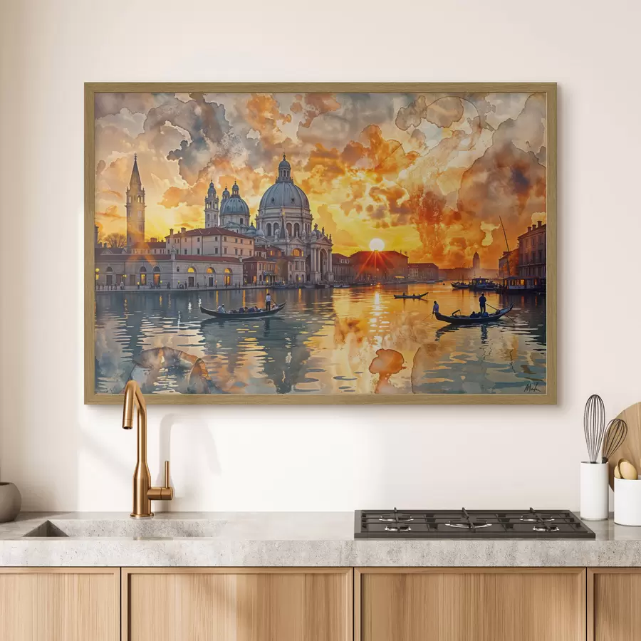 Fototapete Ein farbenfroher und dramatischer Sonnenuntergang über dem Canale Grande in Venedig, Italien, Aquarellkunst f40027