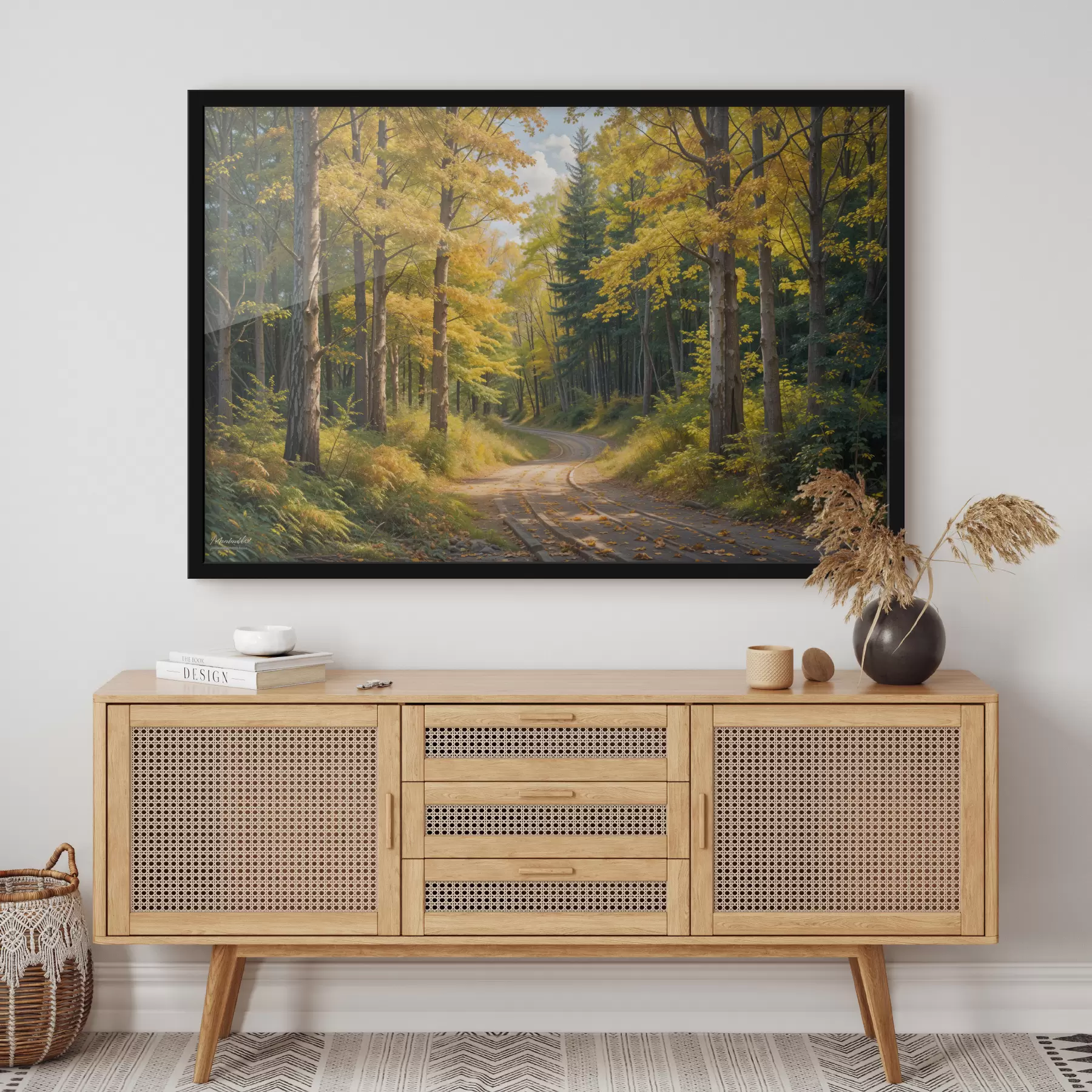 Fototapete Ein Feldweg, der sich im Herbst durch einen Wald schlängelt, mit hohen Bäumen auf beiden Seiten f40031