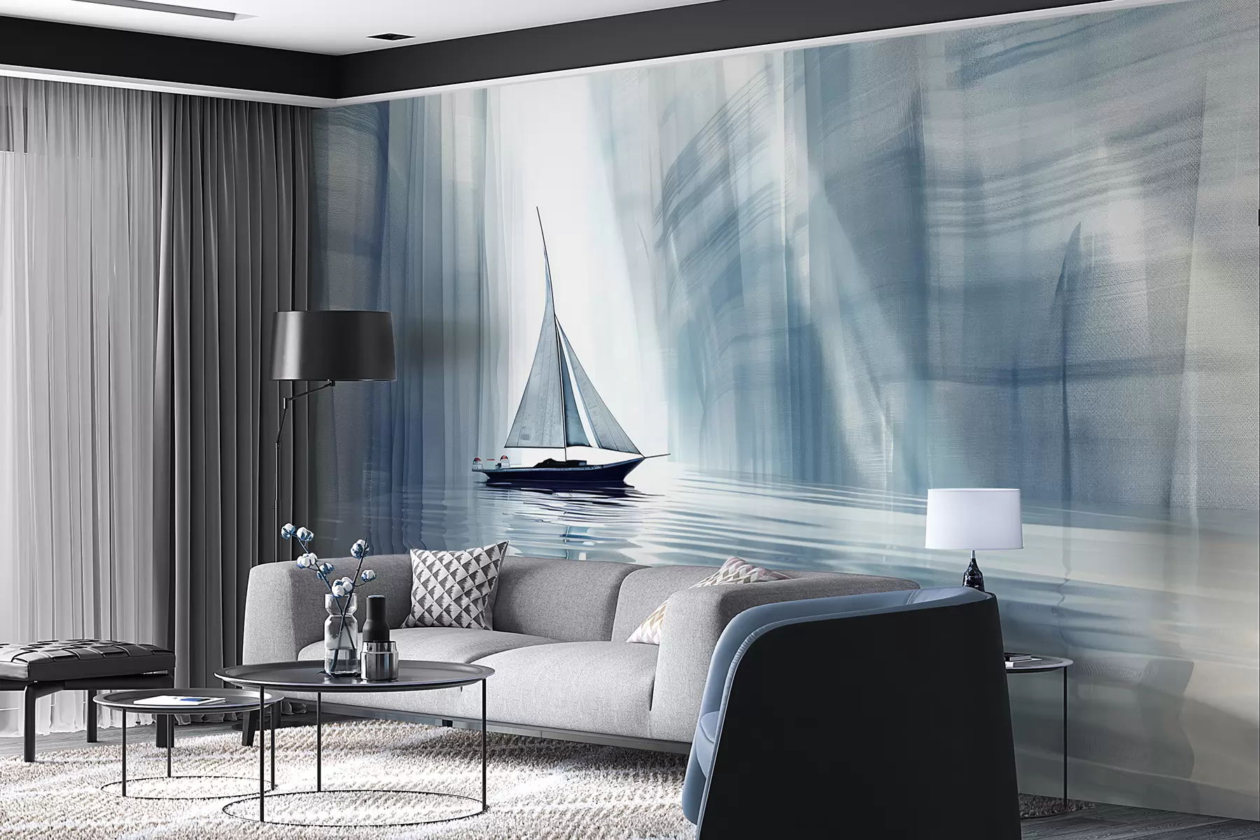 Fototapete Boot auf dem Wasser im futuristischen Stil mit blauen Farben w01338