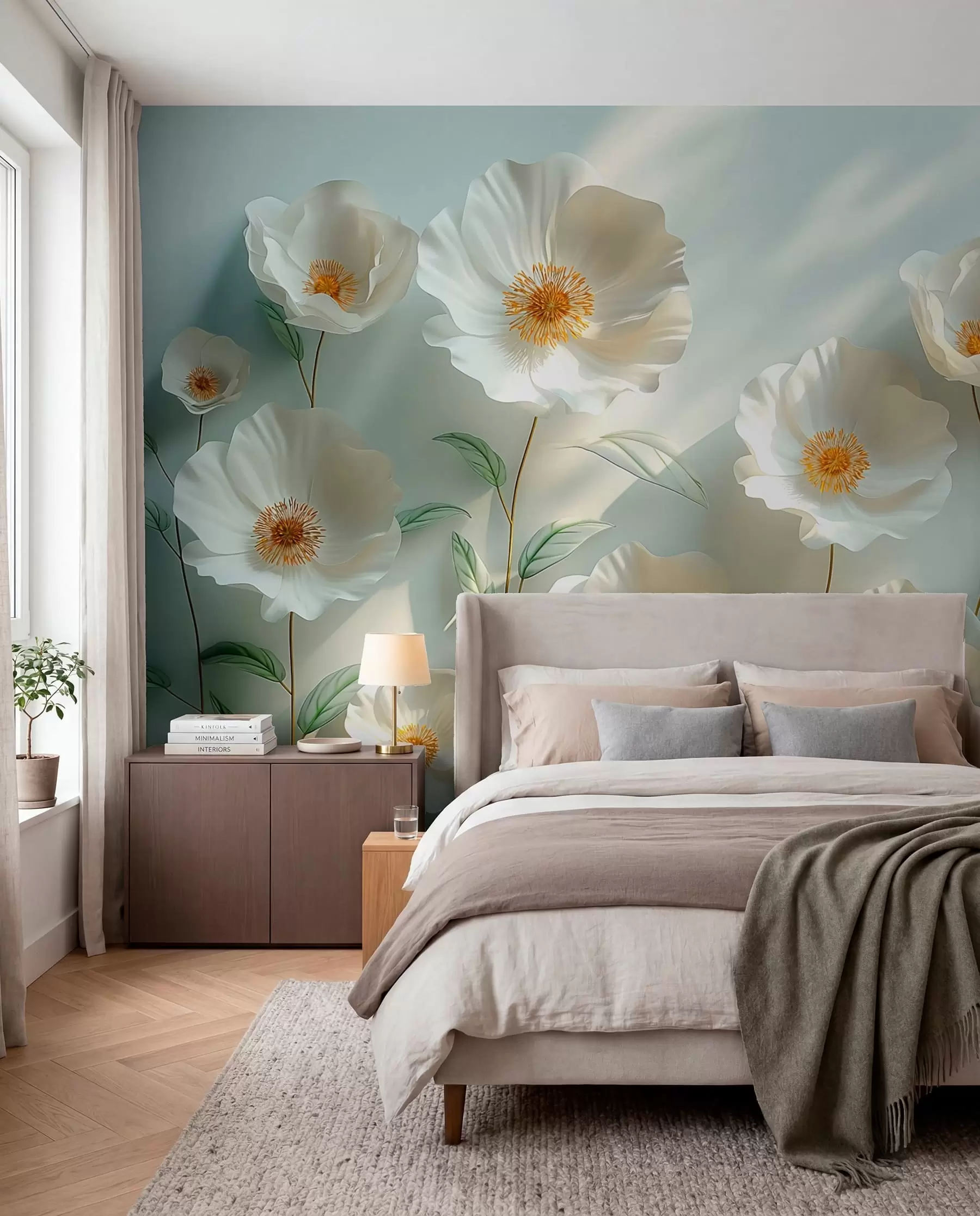 Fototapete Elfenbeinmohn auf Salbeigrün w01339