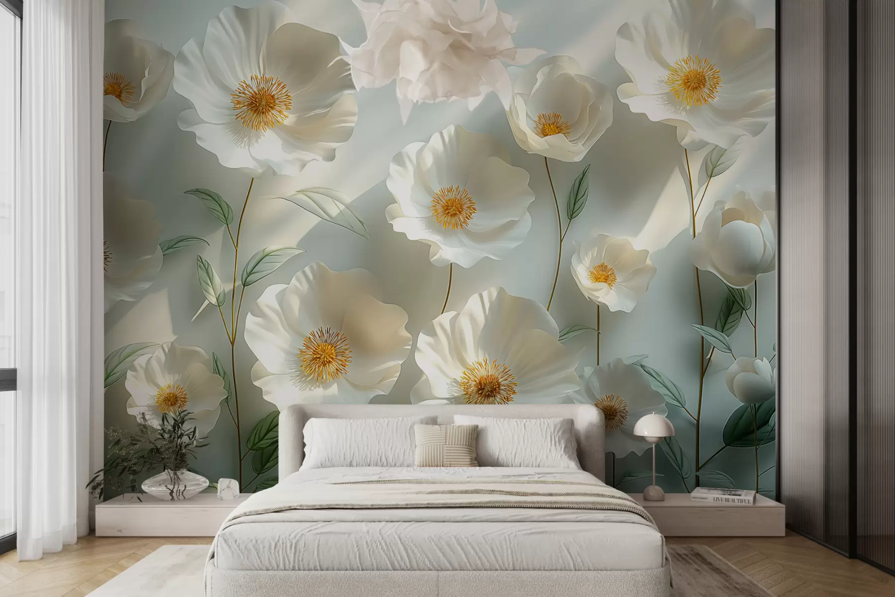 Fototapete Weiße Mohnblumen vor einer Wand mit Sonnenlicht und 3D-Effekt w01339