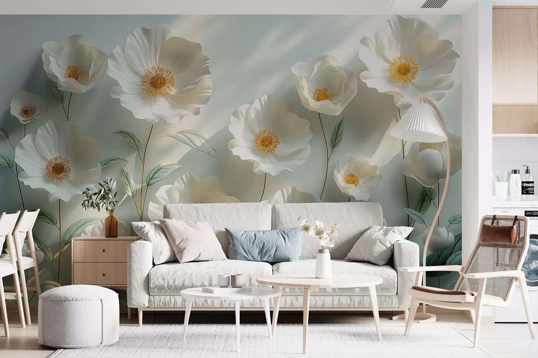 Fototapete Weiße Mohnblumen vor einer Wand mit Sonnenlicht und 3D-Effekt w01339