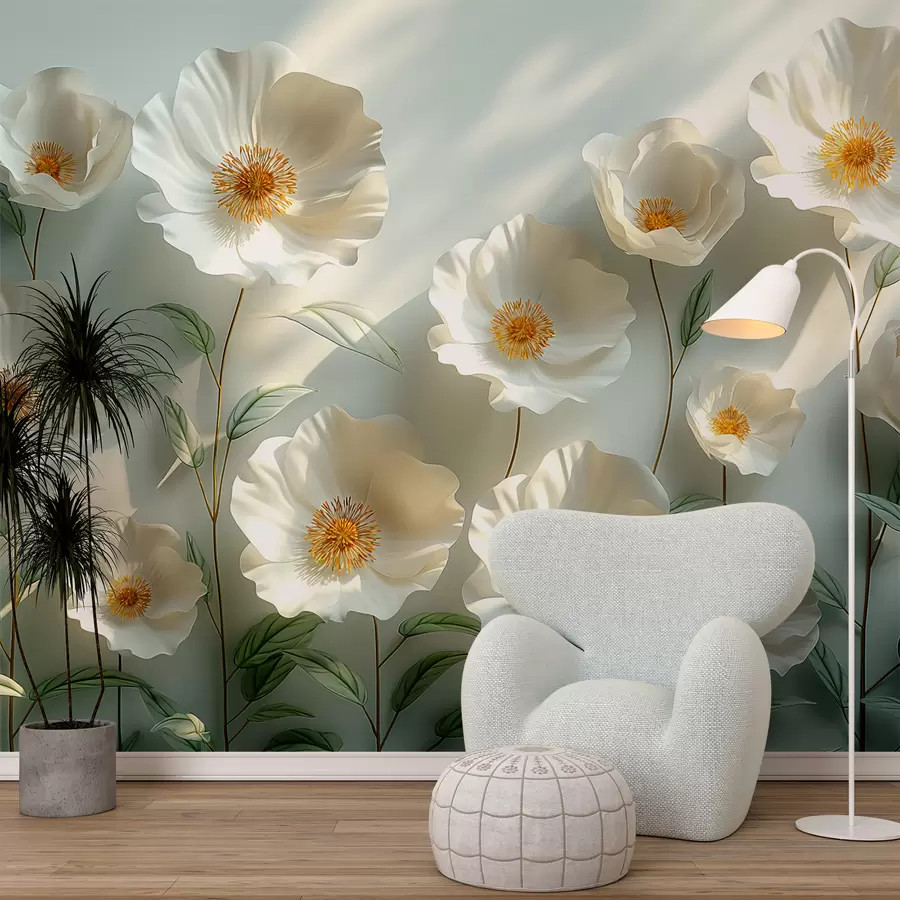Fototapete Weiße Mohnblumen vor einer Wand mit Sonnenlicht und 3D-Effekt w01339