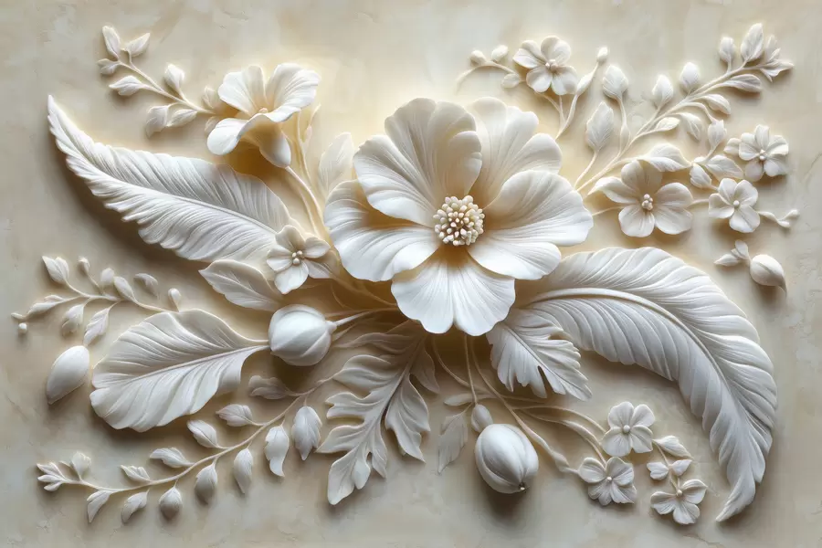 Fototapete 3D Relief-Wandbild mit Federn und Blumen, mit einer großen Mohnblume in Beigetönen w01340