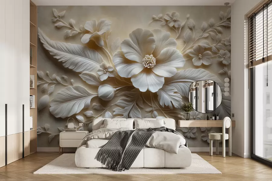 Fototapete 3D Relief-Wandbild mit Federn und Blumen, mit einer großen Mohnblume in Beigetönen w01340
