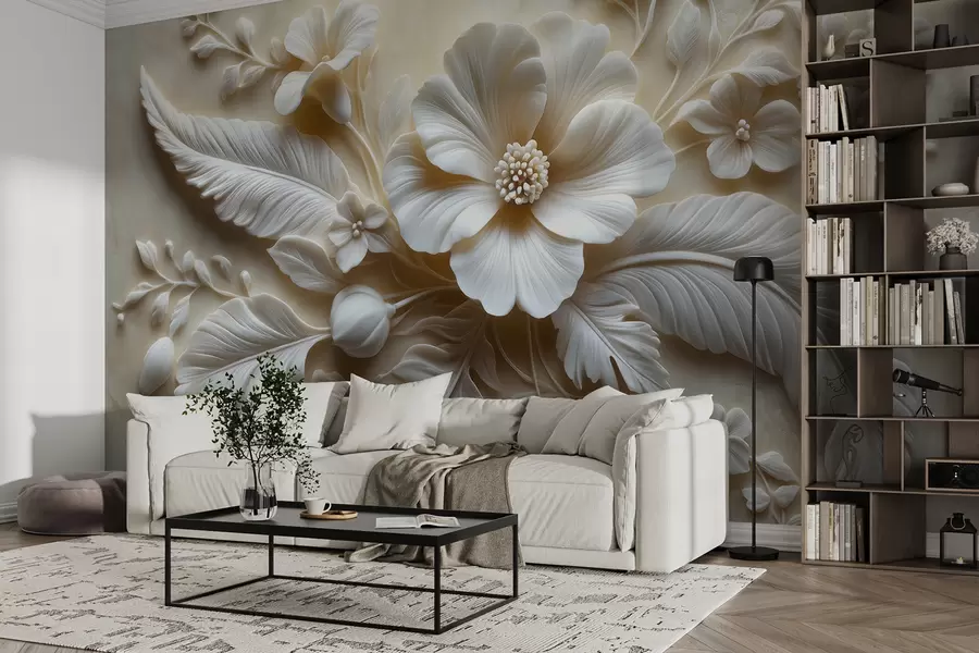Fototapete 3D Relief-Wandbild mit Federn und Blumen, mit einer großen Mohnblume in Beigetönen w01340