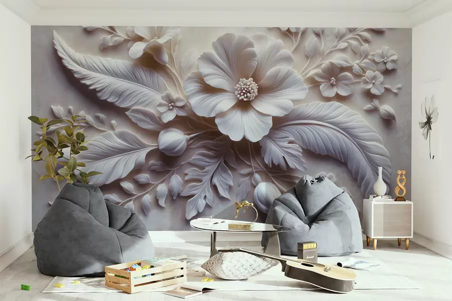 Fototapete 3D-Relief-Wandbild mit Federn und Blumen, mit einer großen Mohnblume in hellrosa Farben w01340v1