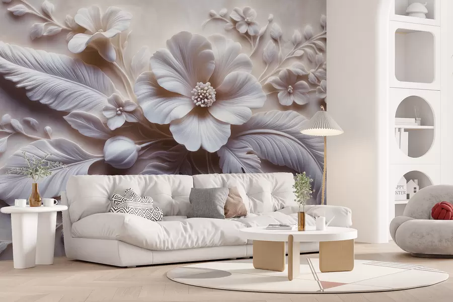 Fototapete 3D-Relief-Wandbild mit Federn und Blumen, mit einer großen Mohnblume in hellrosa Farben w01340v1
