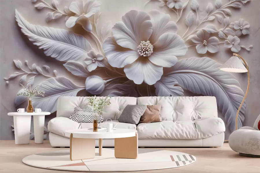 Fototapete 3D-Relief-Wandbild mit Federn und Blumen, mit einer großen Mohnblume in hellrosa Farben w01340v1