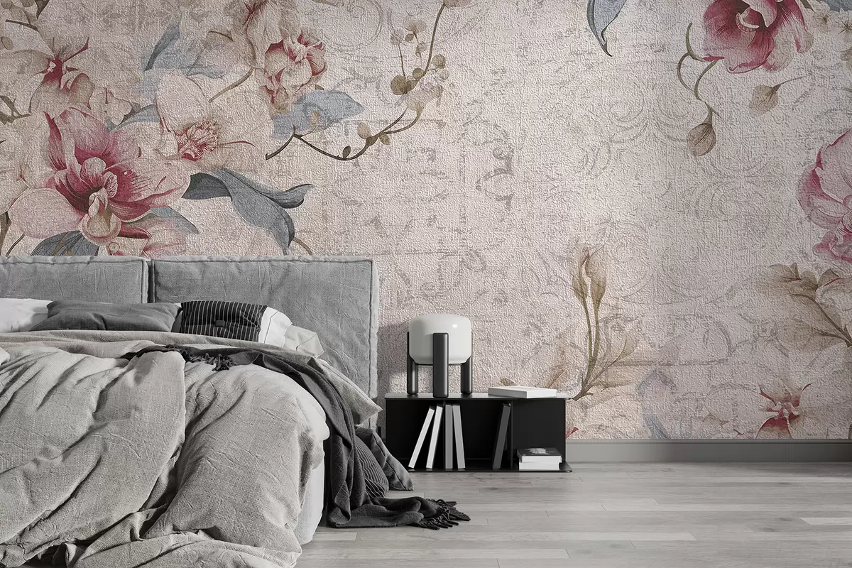 Fototapete Ein Vintage-Blumenmuster mit zarten rosa und weißen Blüten, Blättern auf hellbeigem Hintergrund w08149