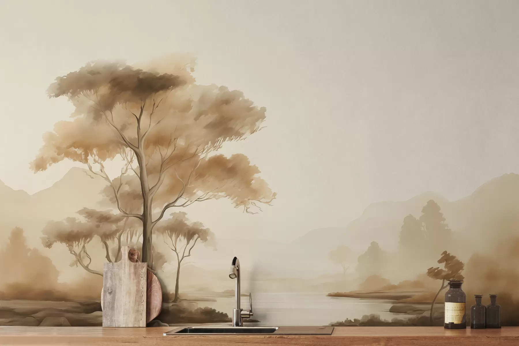 Fototapete Vintage Landschaft Baum durch den Fluss, Berge in der Ferne Aquarell w00944