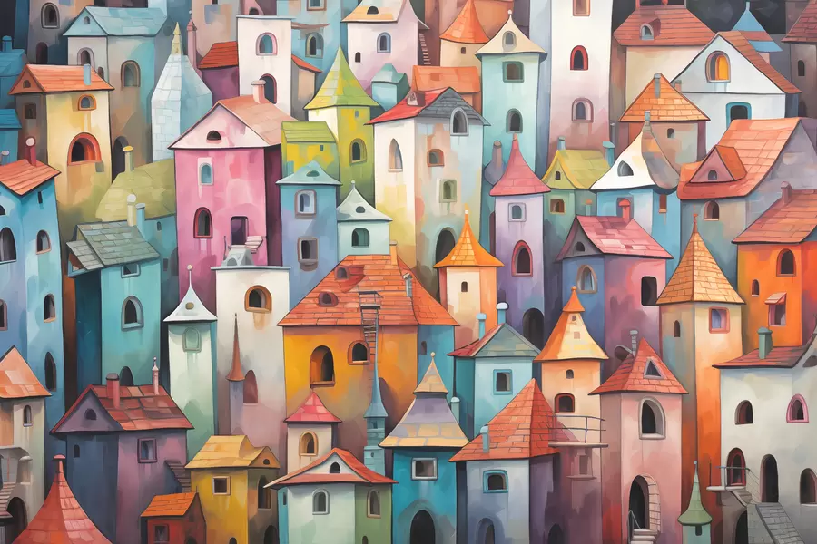 Fototapete Farbenfrohe, helle Häuser, Nachahmung von Gemälden mit Pinselstrichen w00946